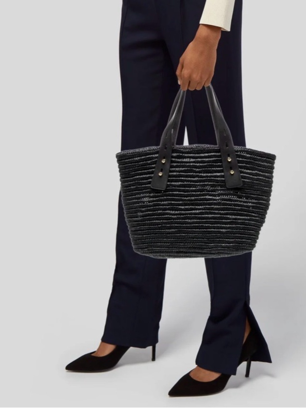 Frame Woven Straw Tote Bag with Leather Handles - Black